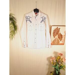 Red Ranch Men's White Blue Embroidered Snap Button-Up Long-Sleeved Shirt